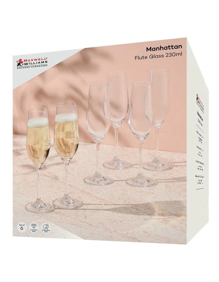 Maxwell and Williams Manhattan Flute Glass 230ML Set of 6 Gift Boxed