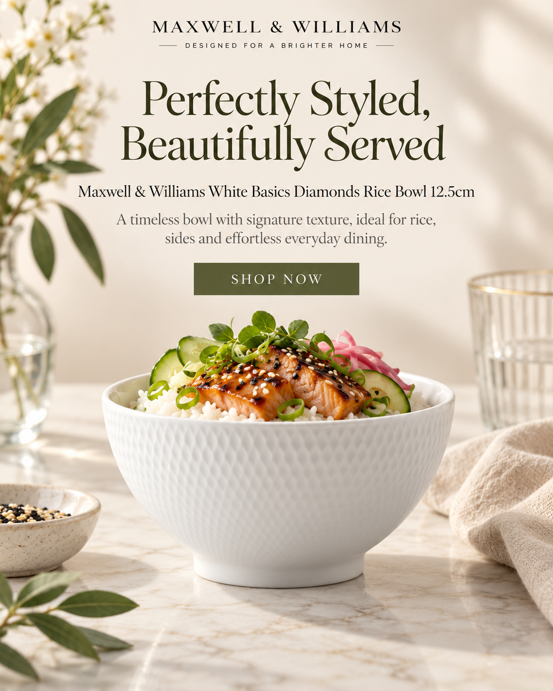 Maxwell and Williams Diamonds White Basics 12.5cm Rice Bowl