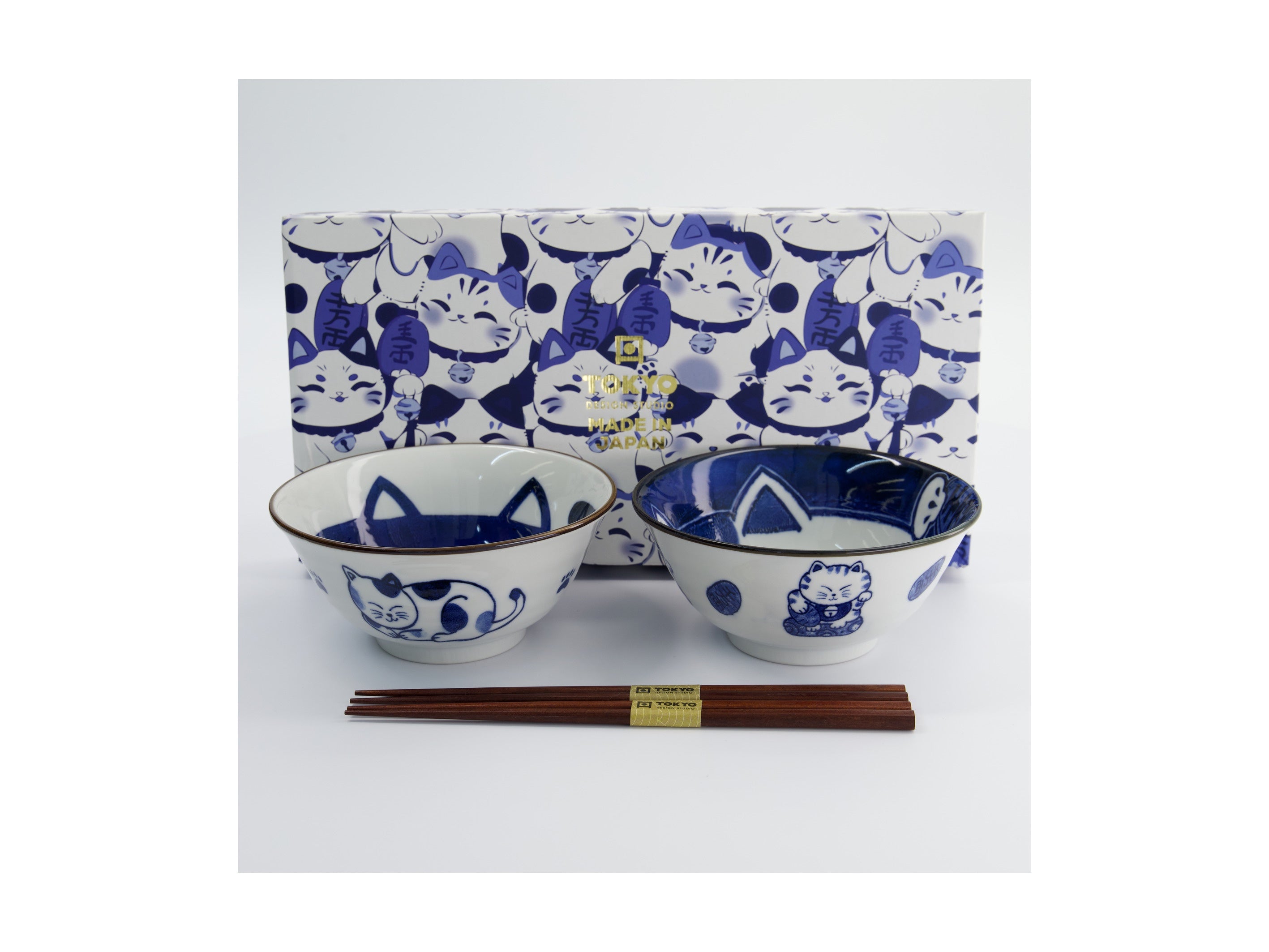Tokyo Design Kawaii Cat Neko Bowl 2pc With Chopsticks Blue Cat Gift Boxed