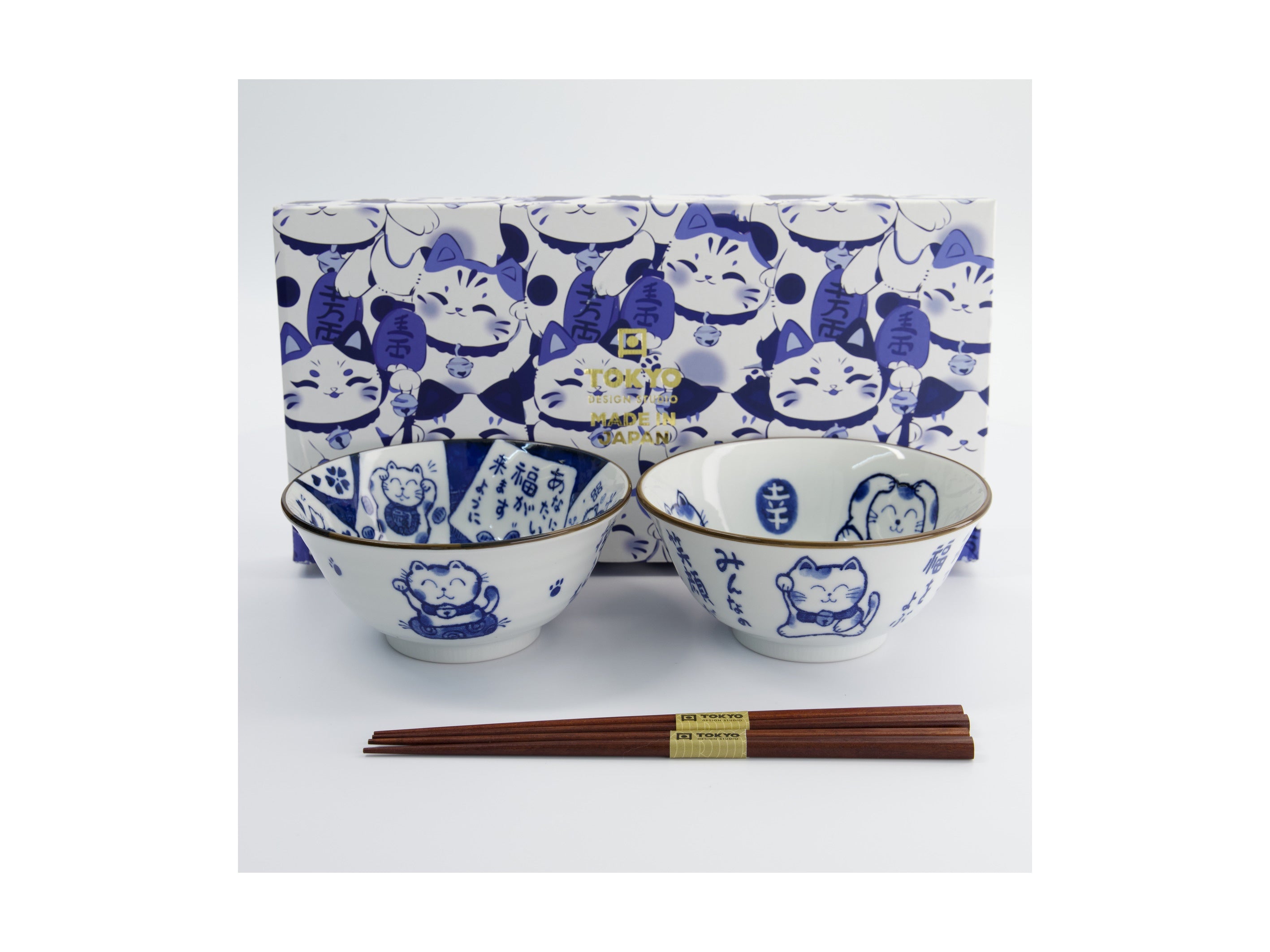 Tokyo Design Kawaii Cat Neko Bowl 2pc With Chopsticks White Cat Gift Boxed