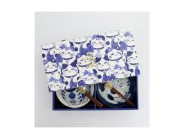 Tokyo Design Kawaii Cat Neko Bowl 2pc With Chopsticks Twin Cat Gift Boxed