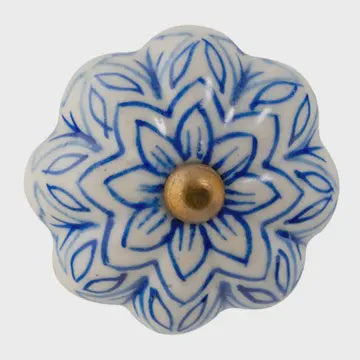 Ceramic Drawer Knob Vintage Flower Light Blue